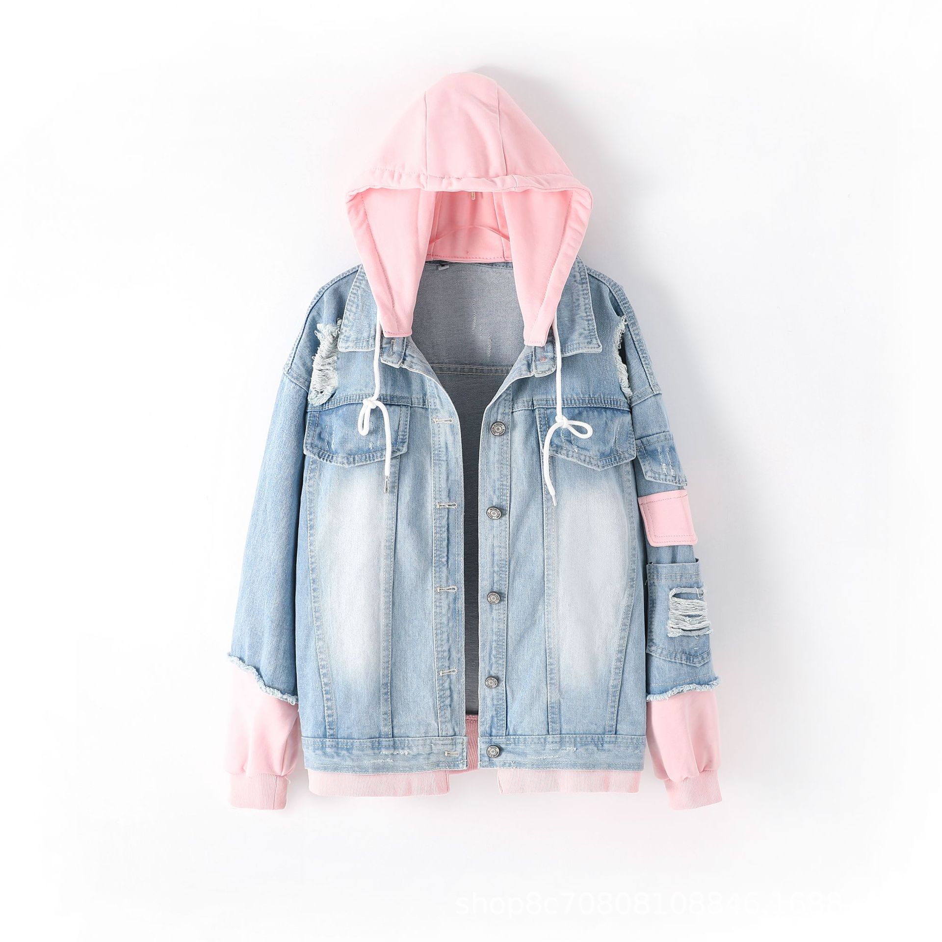 Patchwork Jean Jacket - Pannelli larghi con cappuccio in stile