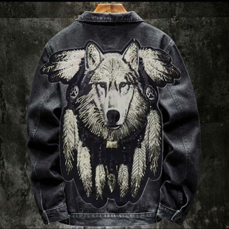 Patchwork Jean Jacket - America Vintage Heavy Wolf Patch ricamata